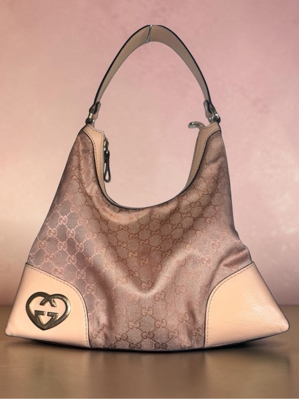 Authentic Gucci Pink Monogram Shoulder Bag With Gold Tone Logo- Free Coa